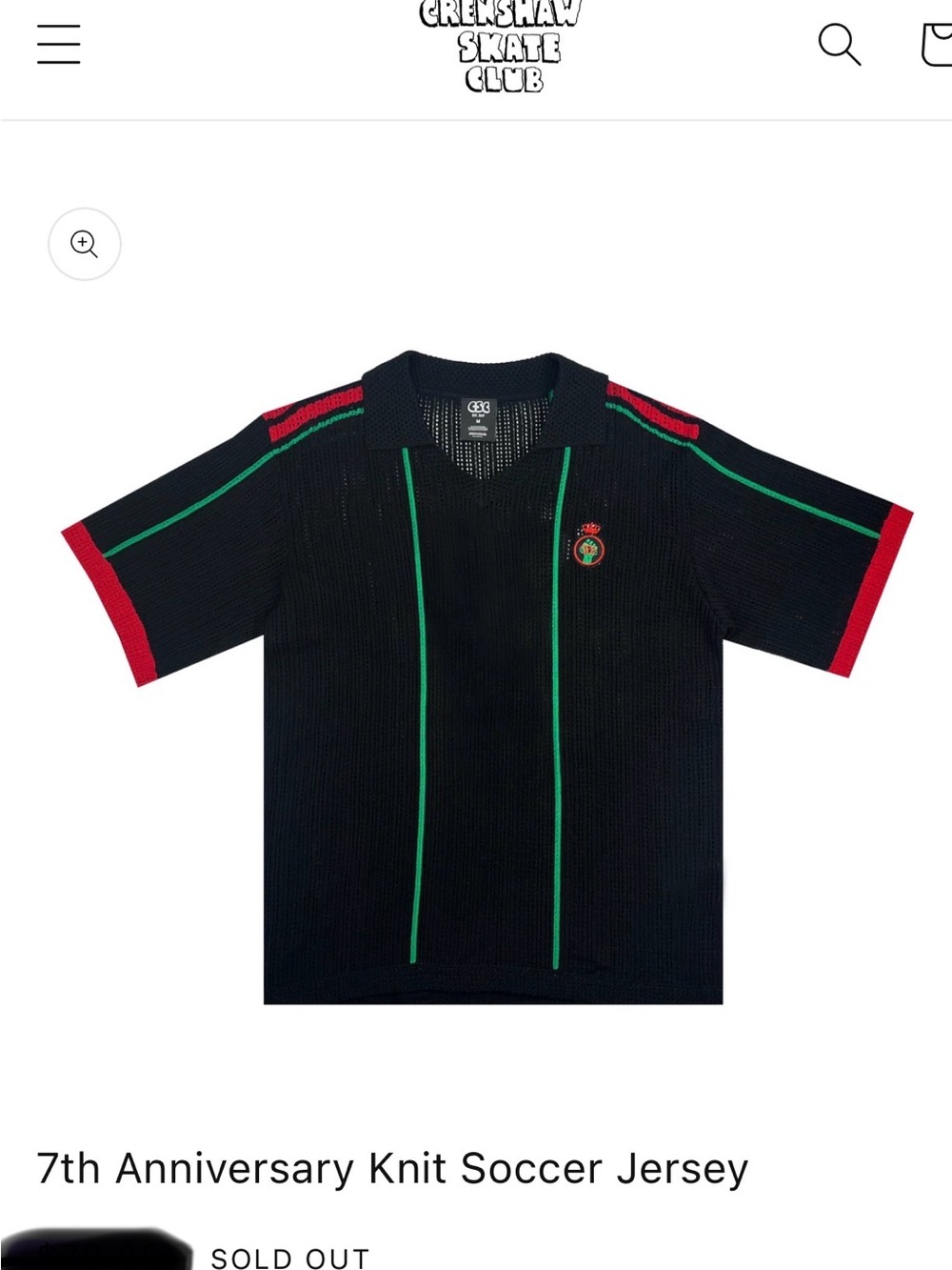 CSC Crenshaw Skate Club 7th Anniversary Knit Soccer Jersey - Black Red Green